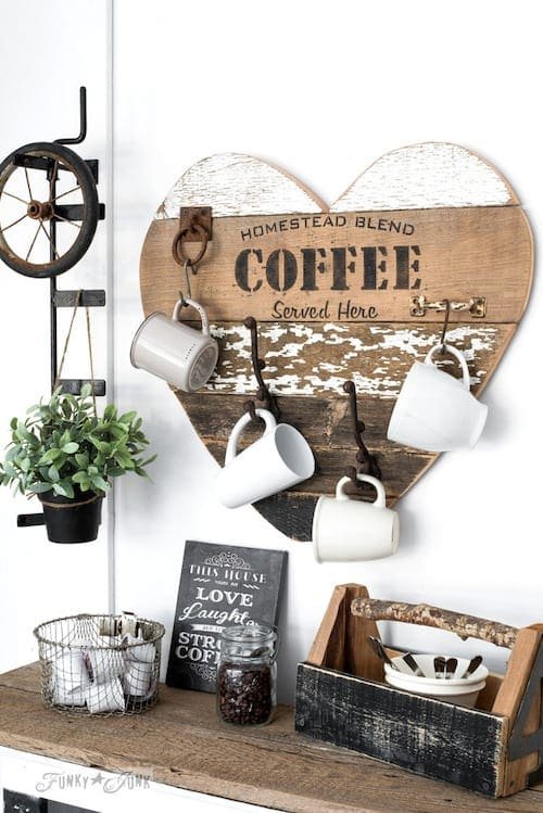 reclaimed wood salvaged junk heart mug rack