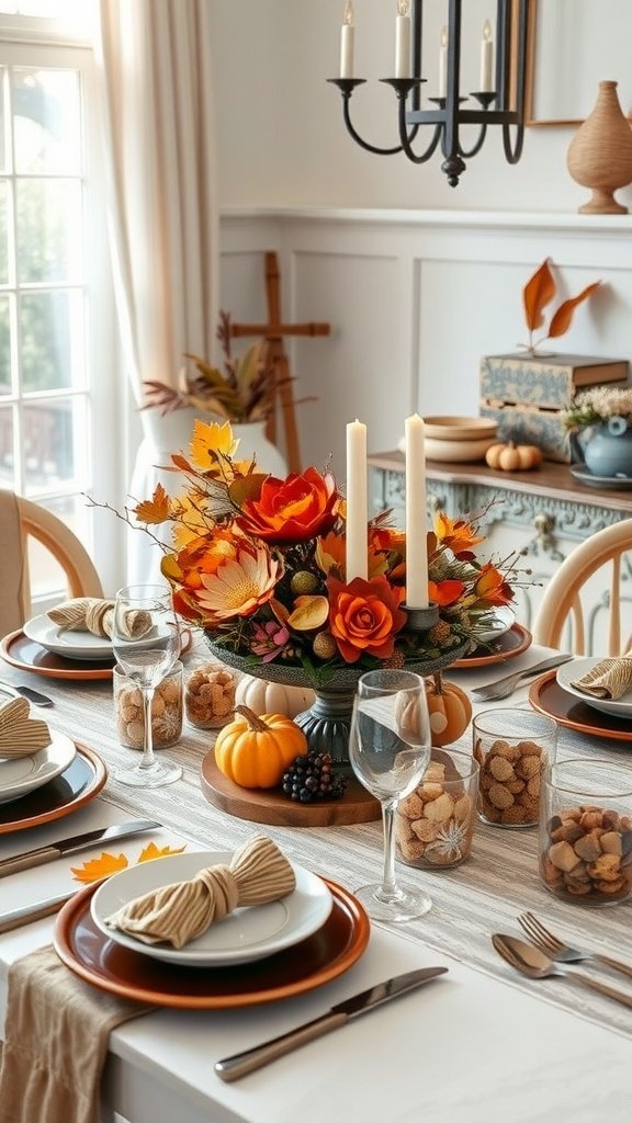Thanksgiving table setting with floral centerpiece, candles, and autumn decorations.