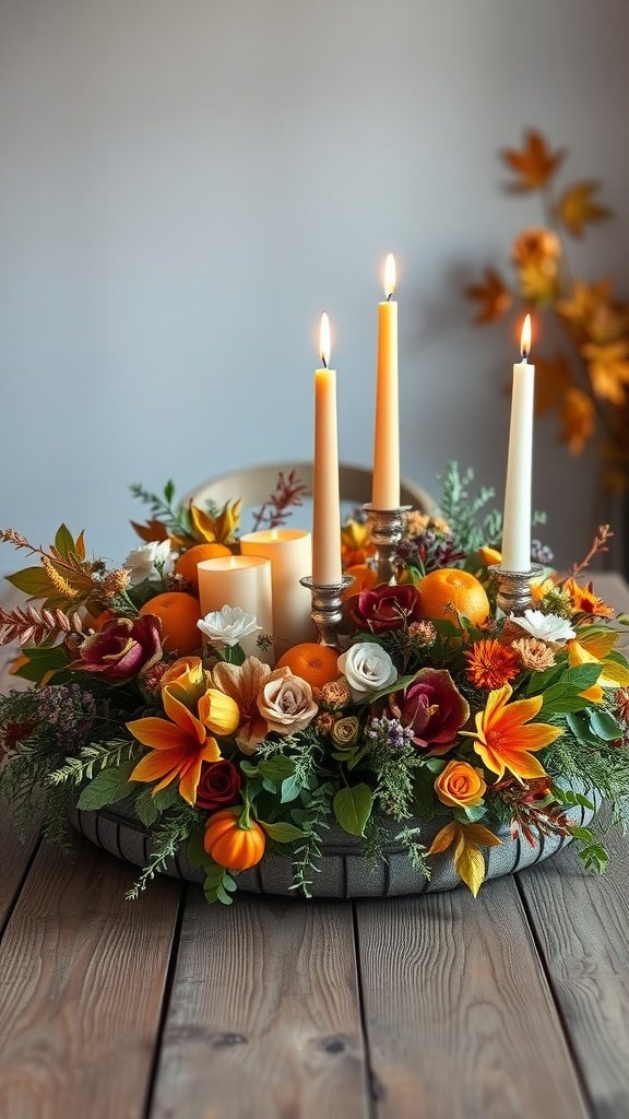 A rustic Thanksgiving centerpiece featuring seasonal flowers, candles, and small pumpkins.