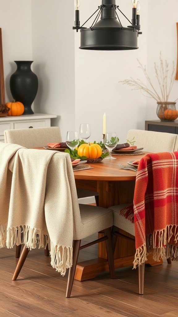 A cozy Thanksgiving table setting featuring blankets on chairs, pumpkins, and elegant tableware.