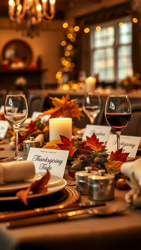 Thanksgiving table setting with place cards, autumn leaves, and candles.