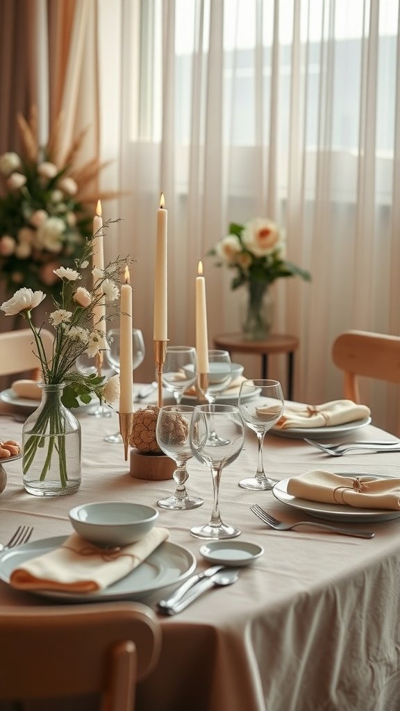 A beautifully set Thanksgiving table featuring earthy toned linens, elegant glassware, and floral arrangements.