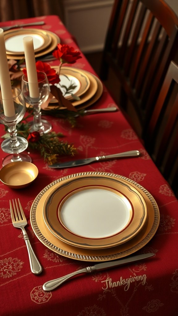 Elegant Thanksgiving table setting with gold accents and red tablecloth.