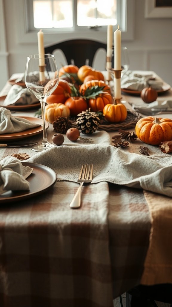Thanksgiving table setting with layered textures including pumpkins, pinecones, and candles.