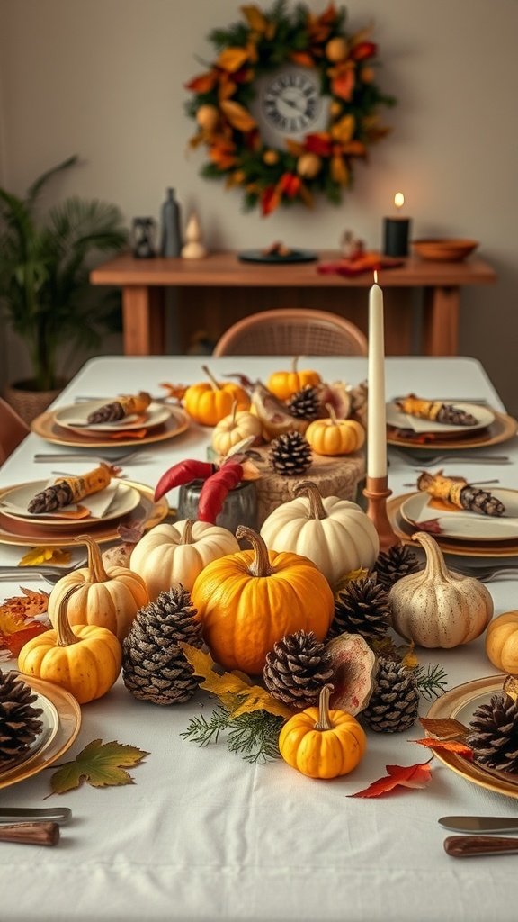 Thanksgiving table setting with pumpkins, pinecones, and leaves.