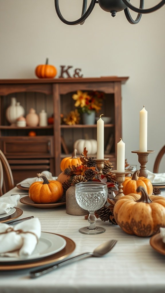 Thanksgiving table setting with pumpkins, candles, and family heirlooms.