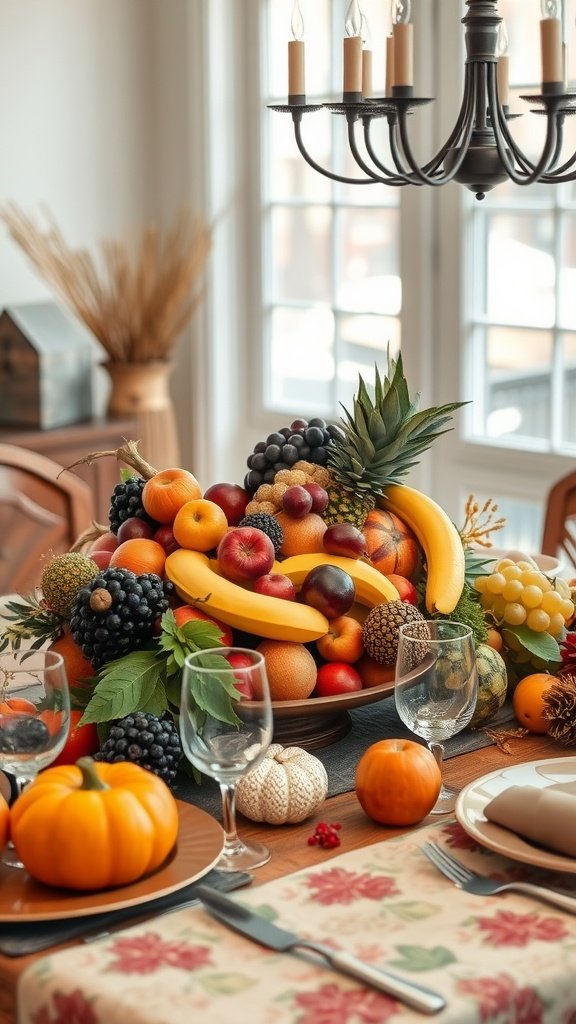 A beautiful Thanksgiving table setting featuring a vibrant fruit display, including bananas, apples, grapes, and pumpkins.