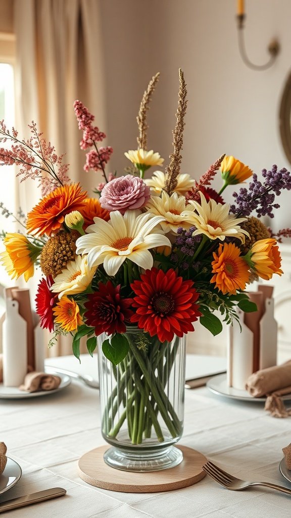 A vibrant floral arrangement featuring orange, red, and yellow flowers in a glass vase, set on a Thanksgiving table.