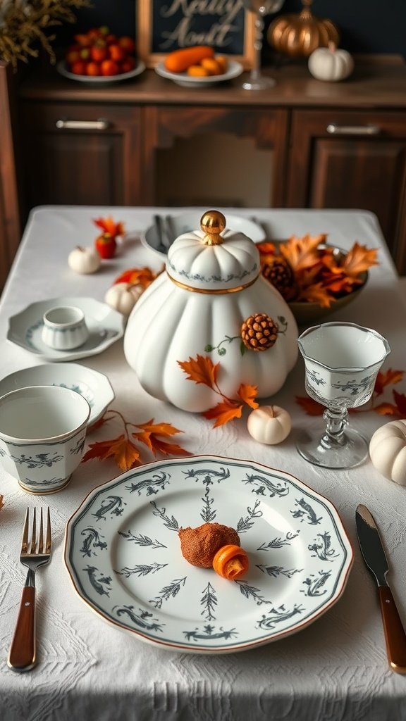 A beautifully set Thanksgiving table featuring elegant dinnerware and autumn decorations.