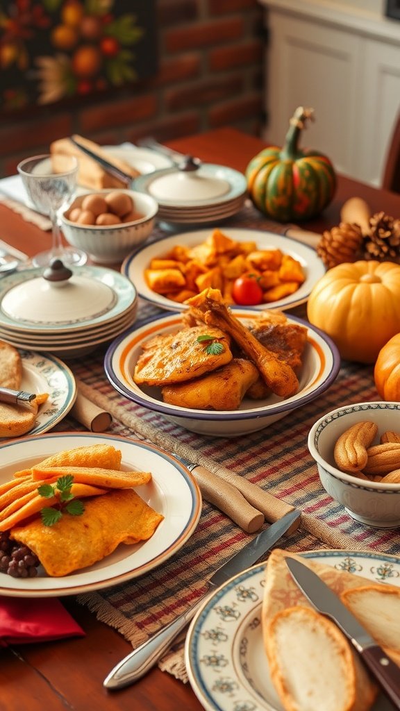 A beautifully set Thanksgiving table featuring various dishes on unique serving ware, including vibrant plates and decorative bowls.