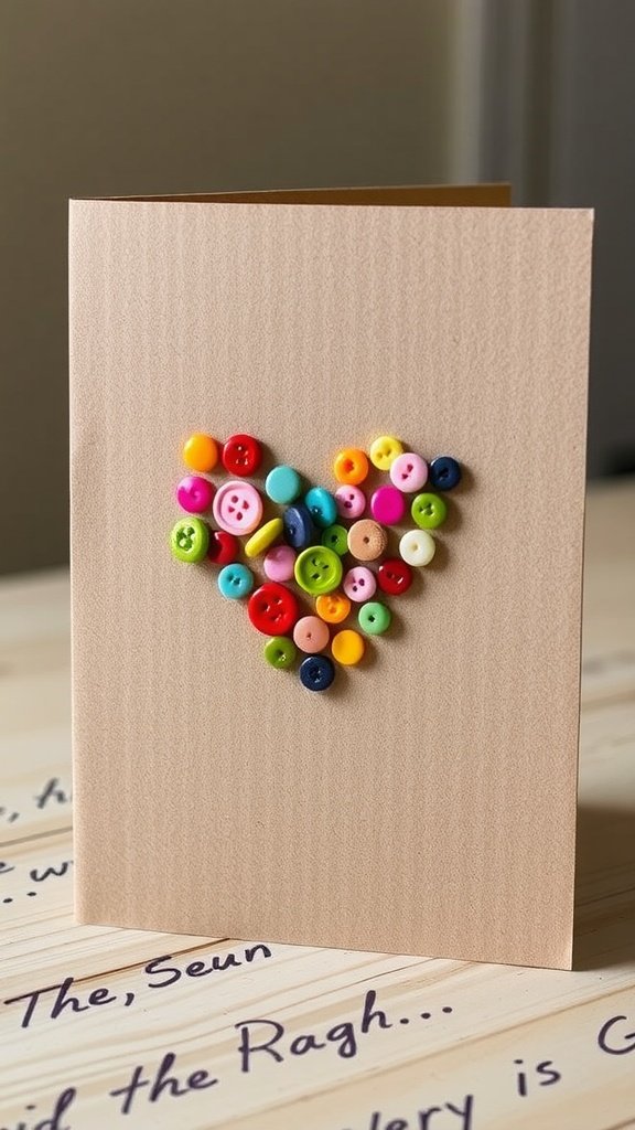 A handmade card with a heart made of colorful buttons on a textured brown background.
