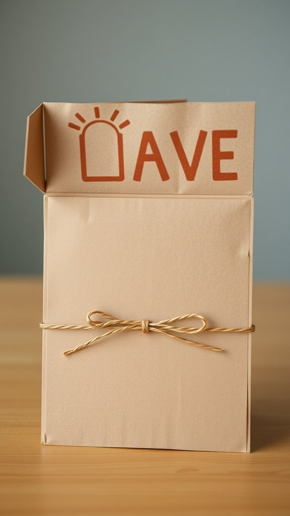 Card made from a cereal box, tied with twine