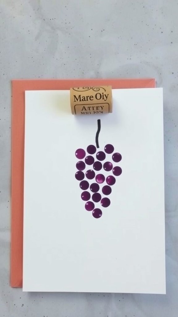 A cork print card designed to look like grapes, featuring a cork stamp and purple paint on a white card with a peach envelope.