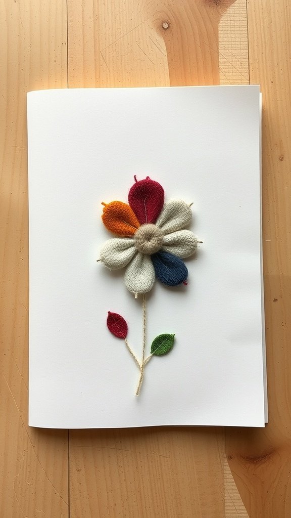A handmade card featuring a colorful flower design made from fabric scraps