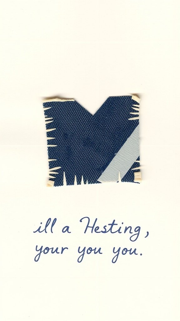 A card featuring a denim patch shaped like an 'M' with a creative handwritten phrase below.