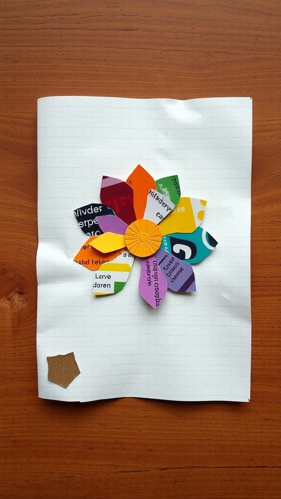 A handmade card featuring a colorful flower collage made from recycled junk mail.