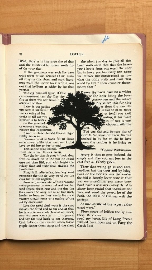 An old book page showing text and an illustration of a tree, used to create an art card.