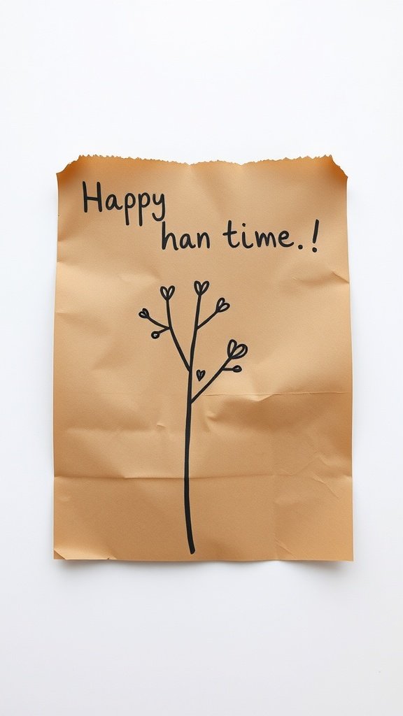 A creatively crafted card made from a paper bag, featuring a hand-drawn tree and the text 'Happy han time!'