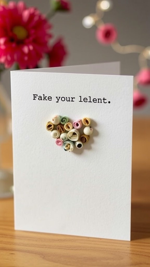 A handmade card featuring colorful paper beads arranged in a heart shape with the text 'Fake your lent.'