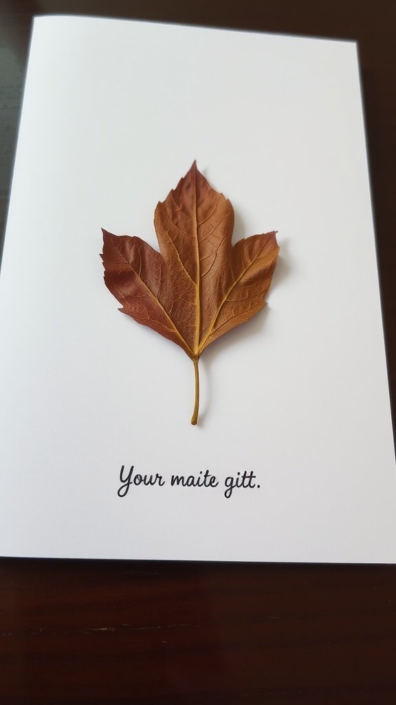 A pressed leaf on a white card with the text 'Your maite gitt.'