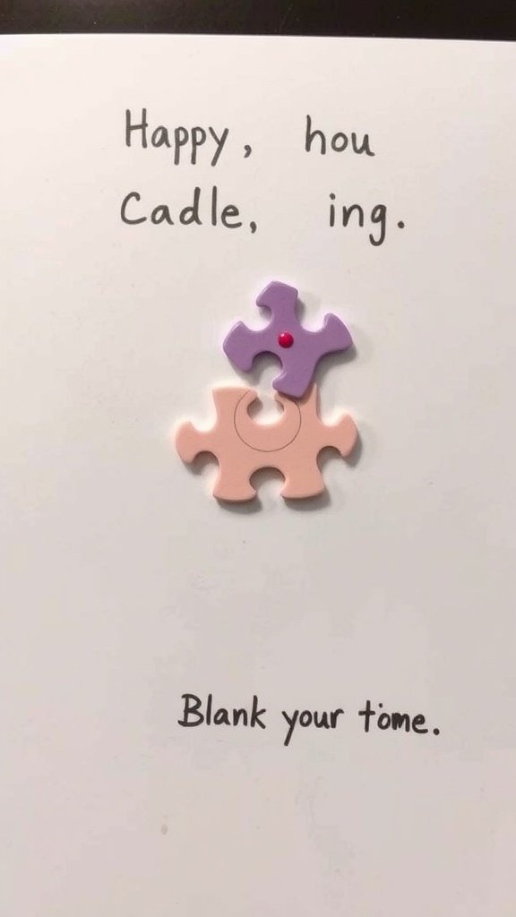 A handmade card with puzzle pieces and a playful message.