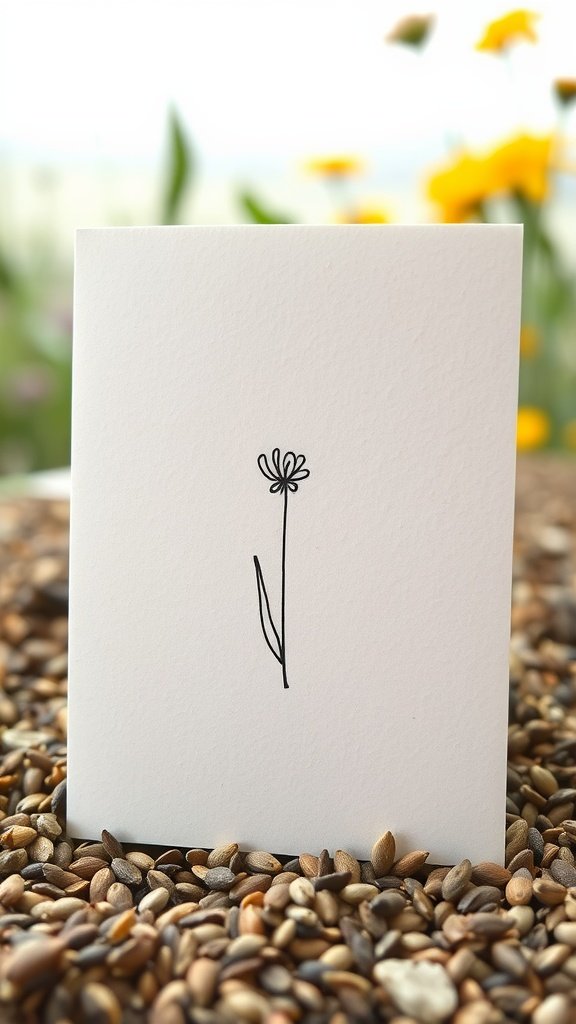A simple seed paper card featuring an illustration of a flower, resting on a bed of seeds.