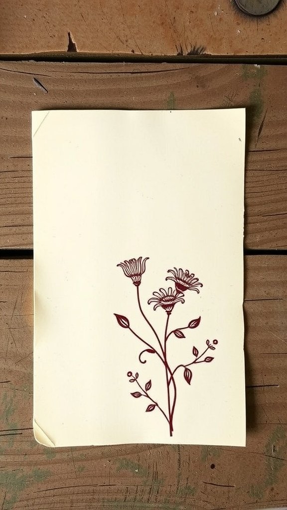 A tea bag stained card featuring a floral design in maroon ink on a light background.