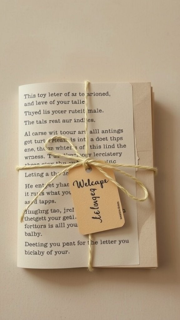 A card wrapped with twine and a tag that says 'Welcome', showcasing a rustic DIY design.